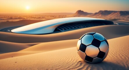 Futuristic Desert Football. A Metallic Soccer Ball and Modern Architecture Landscape.