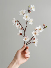 hand holding a small branch of cherry blossoms. could be used in graphic design, branding, or advertising for themes related to nature, wellness, beauty, or minimalism.