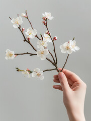 hand holding a small branch of cherry blossoms. could be used in graphic design, branding, or advertising for themes related to nature, wellness, beauty, or minimalism.