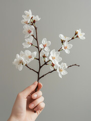hand holding a small branch of cherry blossoms. could be used in graphic design, branding, or advertising for themes related to nature, wellness, beauty, or minimalism.