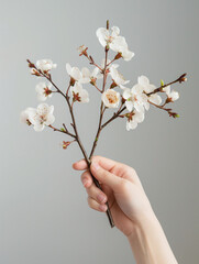 hand holding a small branch of cherry blossoms. could be used in graphic design, branding, or advertising for themes related to nature, wellness, beauty, or minimalism.