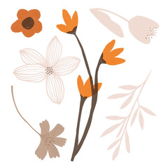 A simple watercolor drawing of various flowers and leaves, showcasing different shapes and sizes in muted pastel tones.