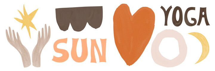 A watercolor illustration of hands, sun, moon, and star symbols representing yoga, meditation, and harmony with nature, in warm earthy hues.