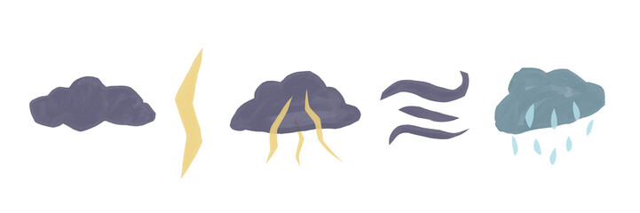 A watercolor illustration of various weather elements such as clouds, lightning, wind, and rain, in muted tones, depicting different weather conditions.