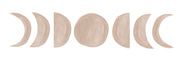 A minimalistic watercolor depiction of the moon's phases, from new moon to full moon, in soft neutral tones.
