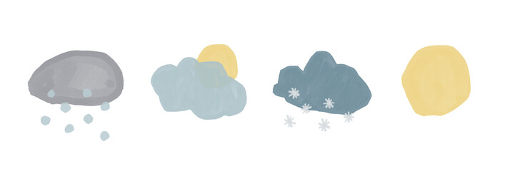 A soft watercolor scene of clouds with the sun peeking through, illustrating a partly cloudy weather in warm pastel shades.