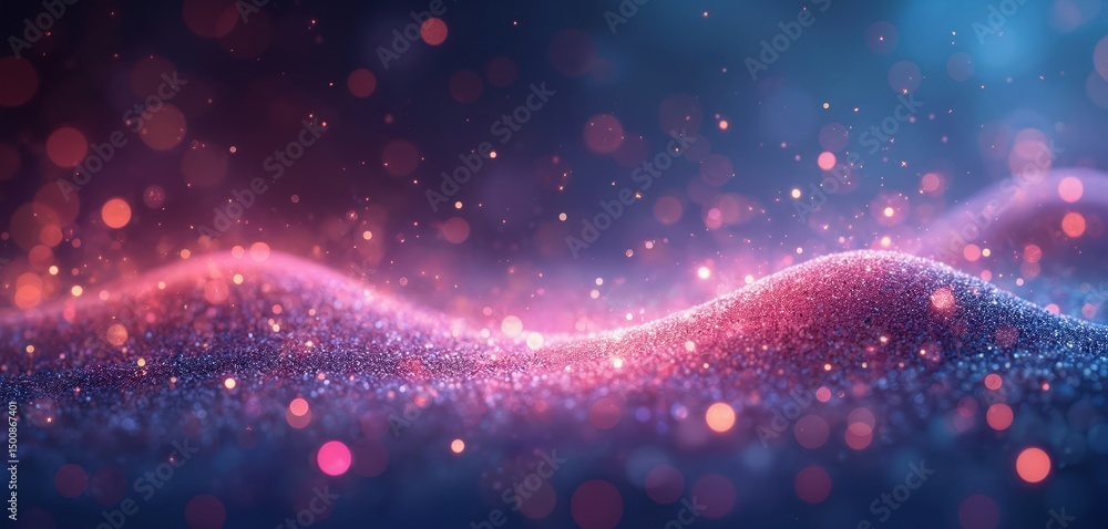 Poster Abstract background with glowing dust texture. Glitter particles fly, creating expensive tones. Colorful dreamy space with bokeh lights. Festive illustration perfect for design projects and wallpaper.
