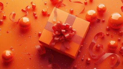 Orange Streamers. Festive Orange Box with Red Balls and Ribbon, Retro Party Illustration