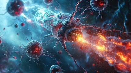 Microscopic robots navigating through a bloodstream, repairing cells in real time