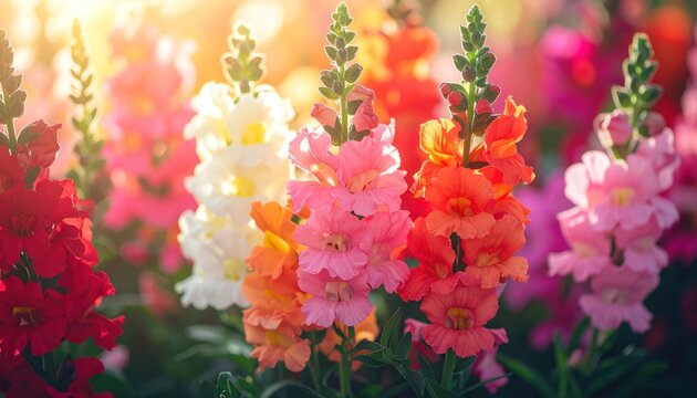 Colorful snapdragons in warm sunlight, vibrant hues of red, pink, white, orange, close-up
