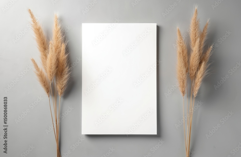 Poster blank white paper mockup with dried grass decoration on gray background. invitation card presentatio