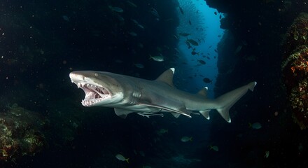 Naklejka premium Frilled shark Motion in the Deep Sea Midnight Zone.
