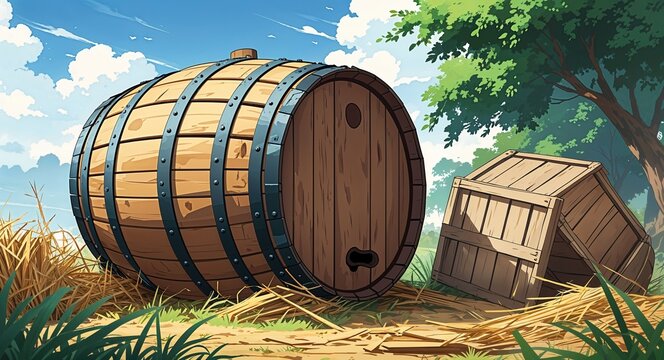 Wooden barrel staved lying beside broken crates and straw anime cartoon illustration design
