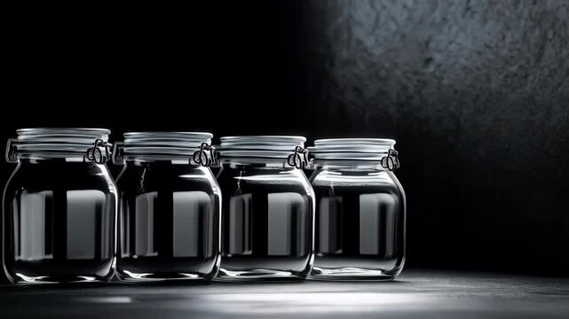 Empty glass jars on the dark background with copy space