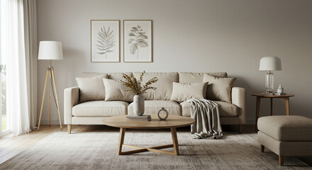 A living room with a beige sofa, a wooden coffee table, and two leaf art pieces on the wall