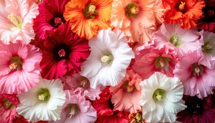Vibrant blooms abound, hollyhocks in pinks, oranges, reds, and white form a dense floral carpet