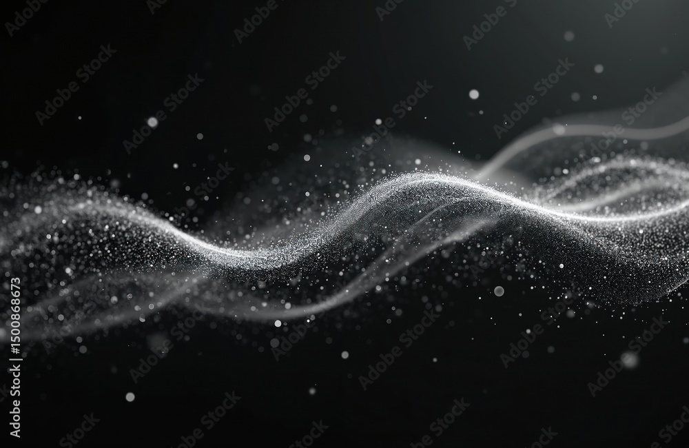Poster Abstract white particle flow on dark background. Flowing wavy dots, dynamic digital particles with bokeh effects, futuristic wave. Perfect for tech, science, data visualisation, network concepts
