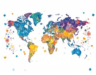 World map polygons mosaic colored continents, abstract shapes scattered on white