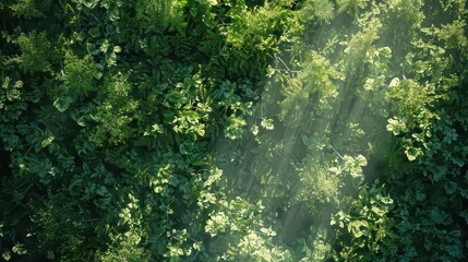 Aerial view of dense green foliage with sunlight streaming through the canopy in a lush environment