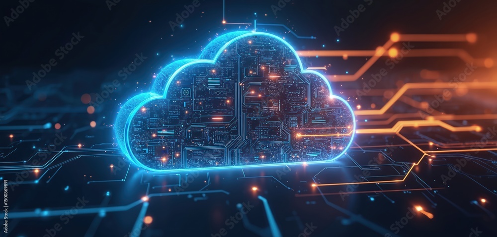 Poster cloud network concept illustration. glowing cloud shape composed of circuit boards, lines, dots. rep