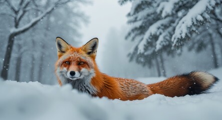 Obraz premium Red Fox Portrait in a Snowy Winter Landscape, Majestic Wild Animal in Winter.