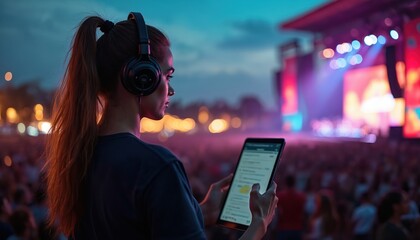 Woman in headset works at music festival. Organizer checks tablet on stage. Event management, concert organization, stage, concert, show, party, performance. Night festival, entertainment industry,