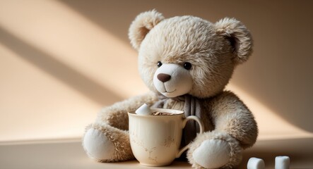 Teddy Bear with Hot Chocolate and Marshmallows in Cozy Setting, Sweet Treat Moment