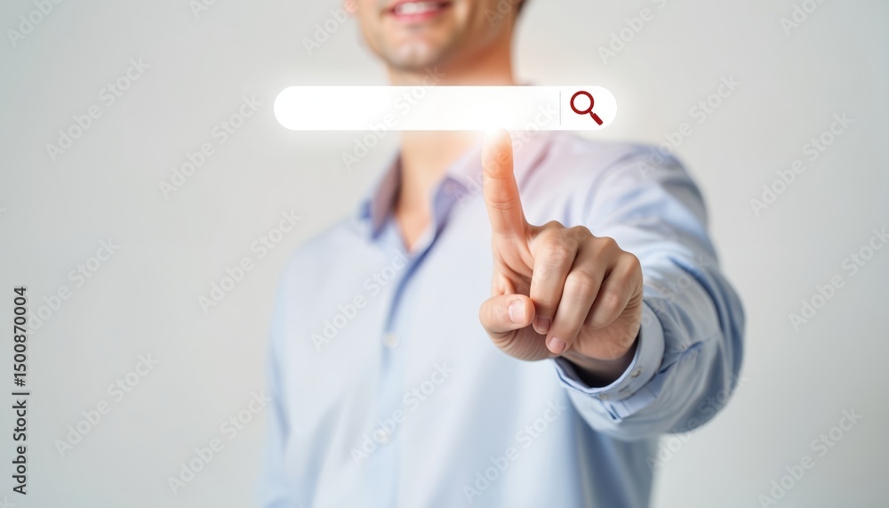 Aufkleber Businessman touches search bar icon to find info online. Man using internet browser for business trends discovery. Technology, modern tech concept. Searching online, web browsing for data analysis.