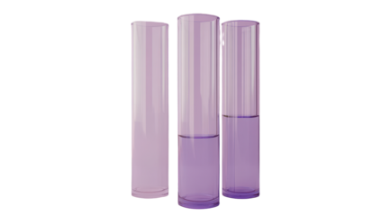 Three tall, cylindrical, light purple vases, filled with a similar light purple liquid to varying heights