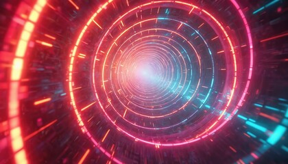 Obraz premium Abstract digital illustration of retro neon hyper warp space tunnel. Colorful futuristic glow, surreal three-dimensional art. Dynamic, vibrant, mesmerizing scene, evoking feelings of speed, motion.