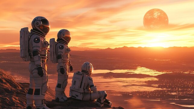 AI-powered robotic astronauts conducting research on an alien planet