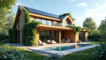 Fototapeta premium Modern eco-friendly house with photovoltaic cells on roof. Solar panel home, sustainable architecture, green energy, renewable power. Energy-efficient residence with swimming pool. Eco-living. Green