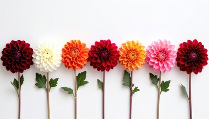 Fototapeta premium Seven vibrant dahlias in a row, diverse colors, green stems, soft white background