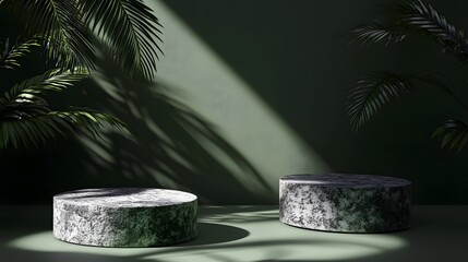 Two circular stone podiums in a dimly lit green room with tropical plants.
