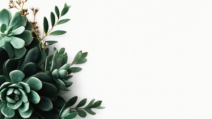 White background highlights minimalist succulents in top view, featuring a banner and copy space for modern home decor or office design templates.
