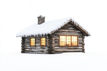 A cozy log cabin, snow-covered and warmly lit, sits on a snowy plain