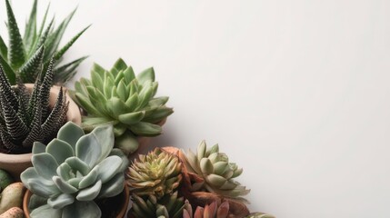 Minimalist succulents on a white background in top view, with a banner and copy space area for creating clean and impactful design materials.