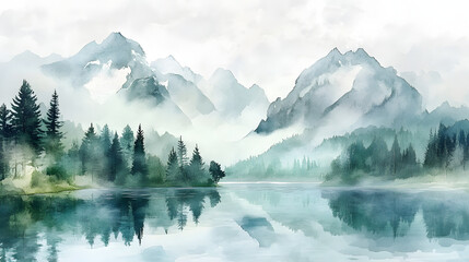 Green watercolor landscape painting with mountains and lake on white background. Abstract landscape background.