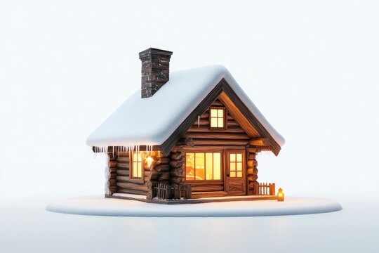 A cozy, snow-covered log cabin, lit from within, sits on a snowy base.  Warm light emanates from the windows