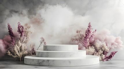 White marble podium with dried flowers and smoke.