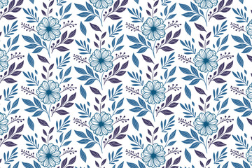 delicate blue flower seamless textile art, cotton floral line drawing pattern, surface design for fashion, home and tableware

