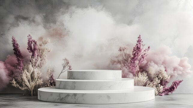White marble podium with dried flowers and smoke.