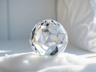 Fototapeta premium Crystal Ball on White Fluff, A Study in Light and Reflection, Closeup Perspective.