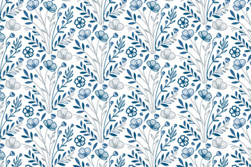 seamless blue flower textile illustration, cotton sketch line art design, repeat pattern for kitchen, tabletop and fashion fabric

