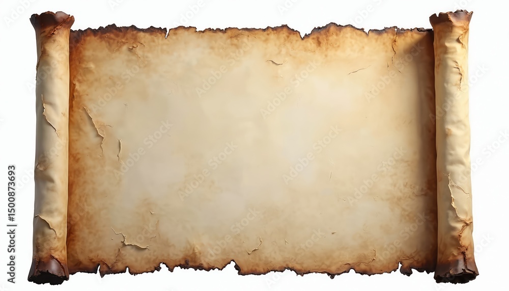 Poster Aged parchment scroll with charred edges, ideal background. Ancient document, blank space for text. Torn paper texture, historical artistic element. Old paper background, copy space for story.
