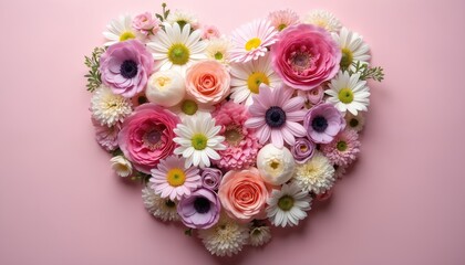 Heart-shaped flower arrangement on pastel pink background. Blossoming flowers in full bloom create romantic, loving mood. Ideal for Valentine Day card, wedding invitation, romantic gift, love-themed