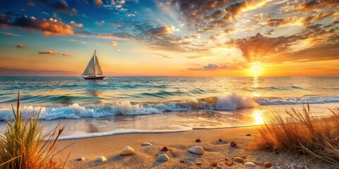 Serene Sunset Sailboat Scene Golden Hour Ocean Waves Crashing on Sandy Shore with Seashells