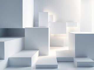 Abstract White Geometric Composition with Cubes and Light for Product Showcase.