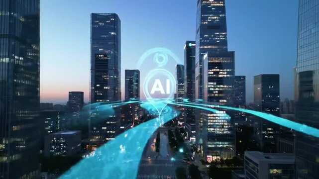 A drone flying gently through a smart city skyline, guided by a softly animated AI navigation interface in AR. Smooth aerial tracking.