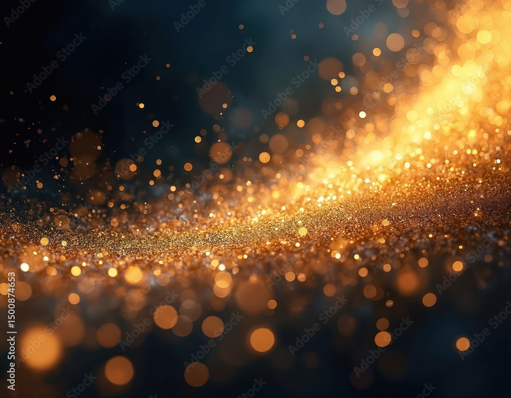 Poster golden glitter particles against dark background. sparkling bokeh lights create festive mood. abstra